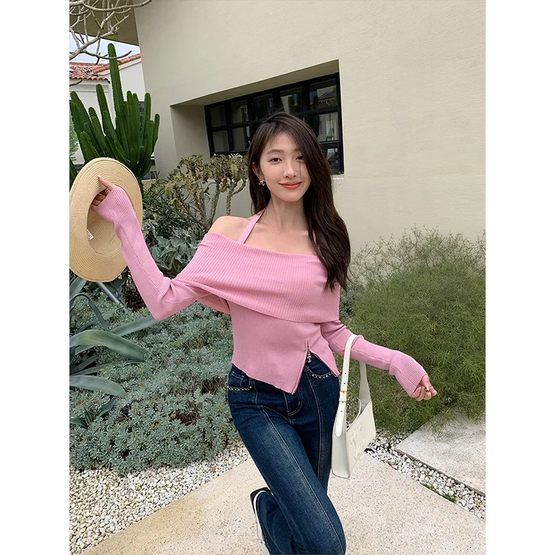 

Женский трикотажный пуловер с воротником-лодочкой и длинными рукавами