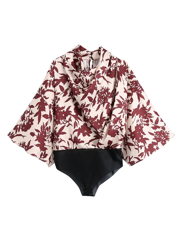 

Боди для женщин костюмы 2022 мода винтаж цветочный принт боди с капюшоном средства ухода за кожей шеи три четверти рукав элегантные свободные...