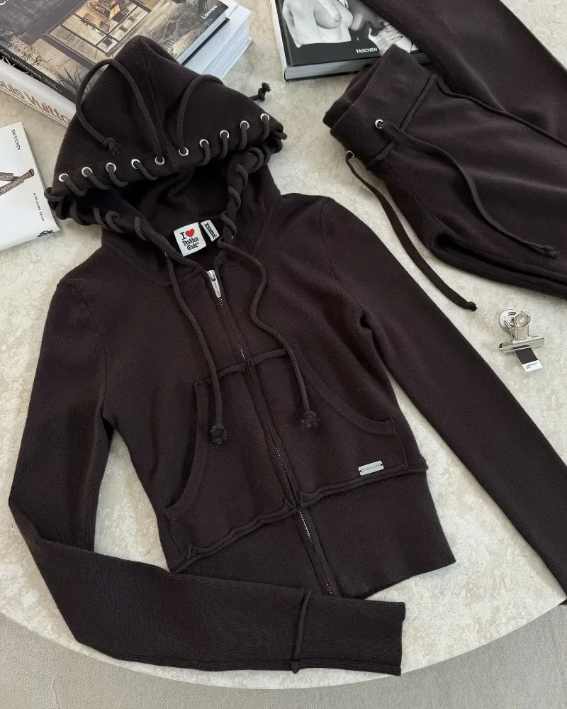 Женский комплект из 2 предметов с однотонными лентами на шнурке толстовки