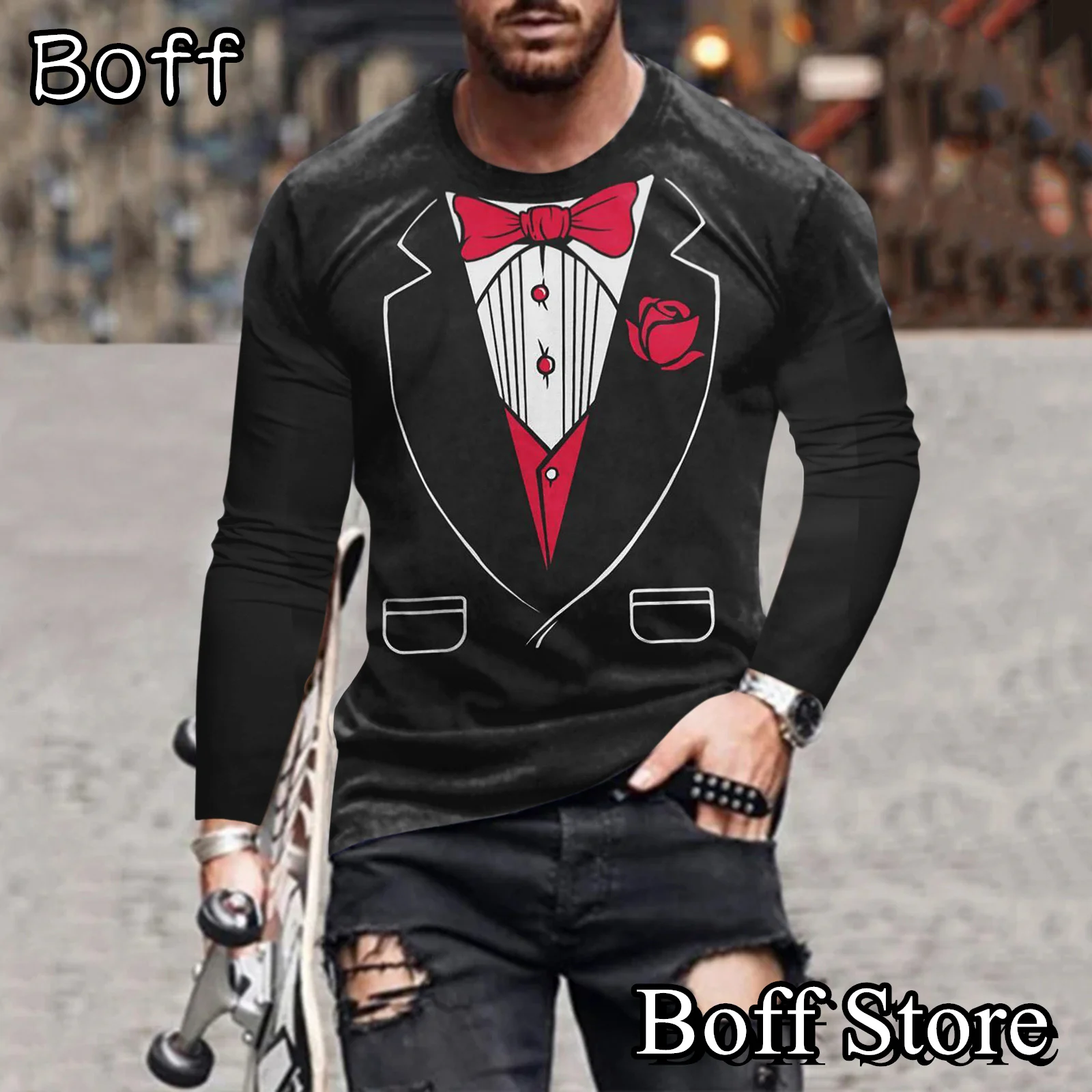

Vintage Long Sleeve T-shirt Men 3D Fake Two Suit Tie Printing Tee Top Elegant Autumn Man Retro Style Clothing Male Streetwear