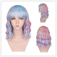 suq womens short wavy wig with bangs women synthetic hair cosplay wig rainbow multi color party wigs