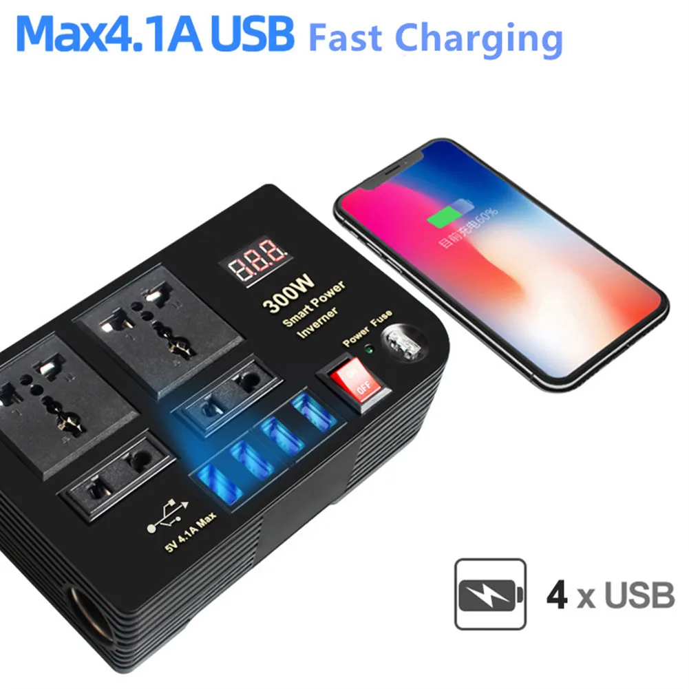 

300W Car Inverter DC 12V To AC 220V Converter Outlets 4 USB Fast Charging Universal Socket Power Adapter Inverter 158*100*43mm