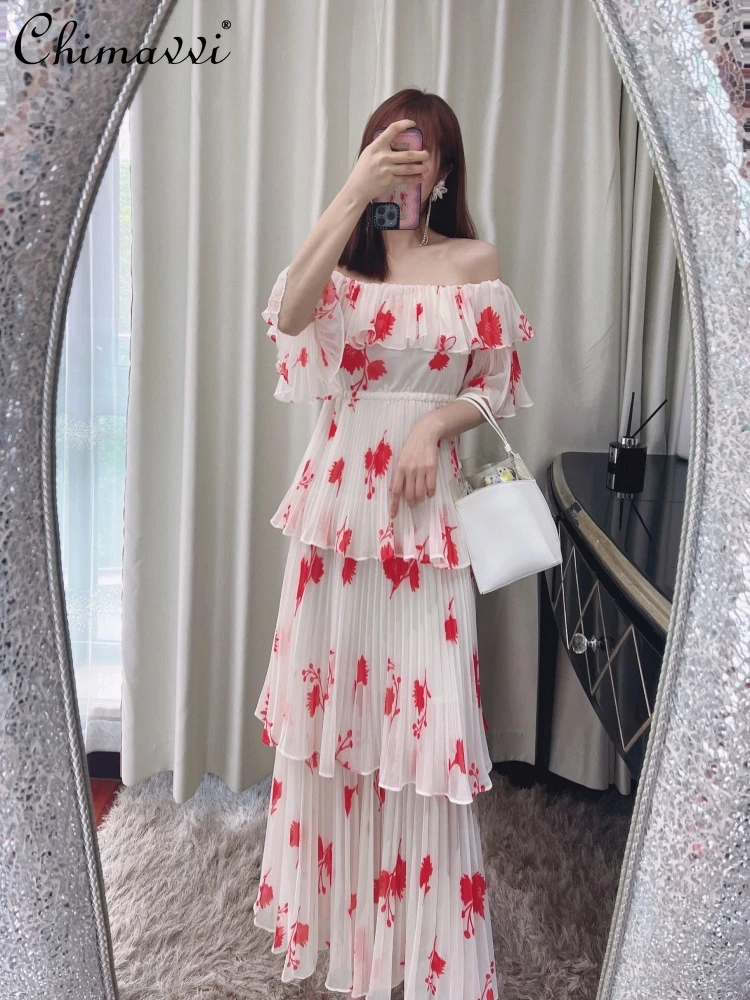 New 2022 Summer Printed off-Shoulder Pleated Slimming Dress Ladies Fashion off-Neck High Waist Chiffon Cake Dress for Female