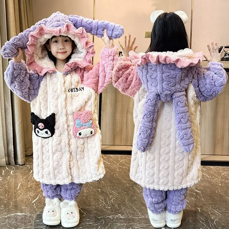 

Winter Kuromi Cinnamoroll Kawaii Sanrio Anime Coral Fleece Children Coat Pants Pajamas Cute Long Home Wear Clothes Kids Toys