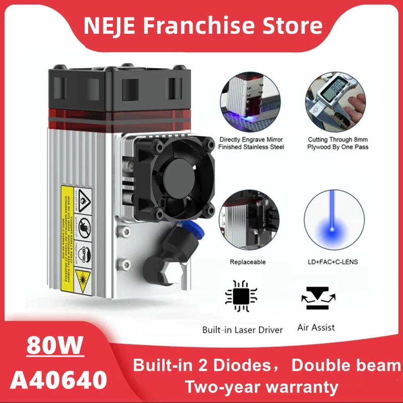 

NEJE A40640 Laser Module Kit PWM/TTL 450nm 80W Laser Head Built-in Double Diodes for Stainless Steel Engraving Wood Cutting Tool