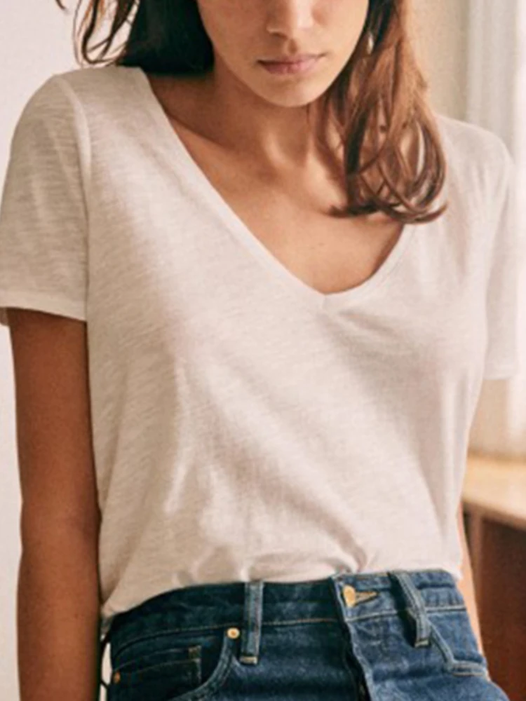 

Spring and Summer 2022 Cotton V-neck Loose Short-sleeved T-shirt Basic Multi-color Pure Cotton Top