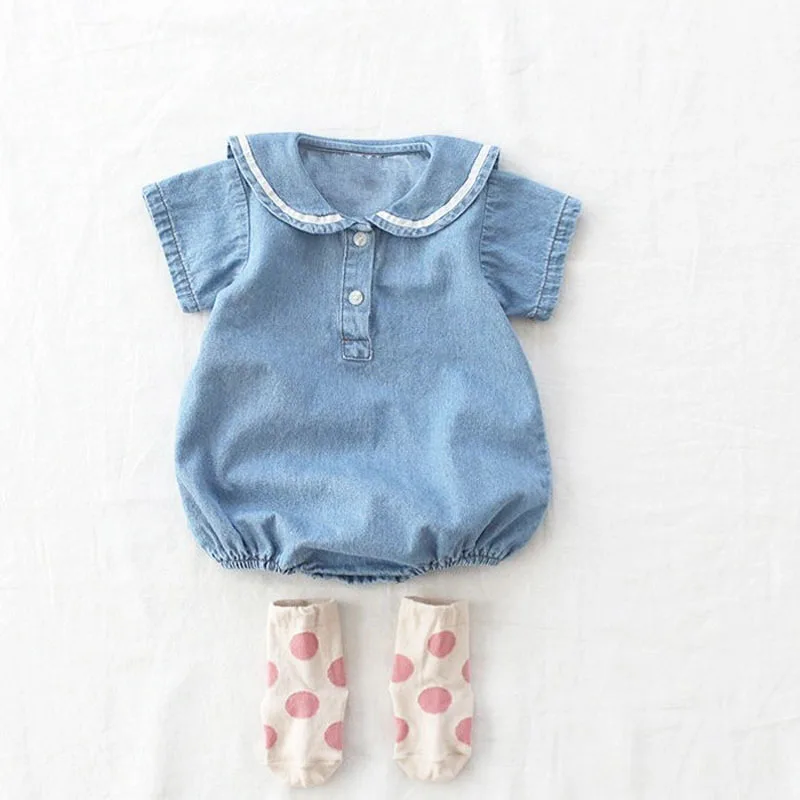 

Baby Summer Short Sleeve Denim Bodysuit Infant Boy Navy Collar Jumpsuit Little Girl Denim Clothes Toddler Onesie