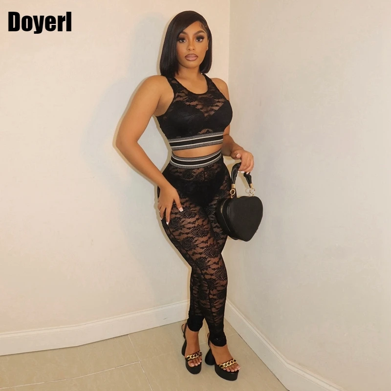 

See Through Lace 2 Piece Sets Womens Outfits Sexy Black Crop Top + Sheer Pants Festival Club Party Two Piece Women Set Tracksuit