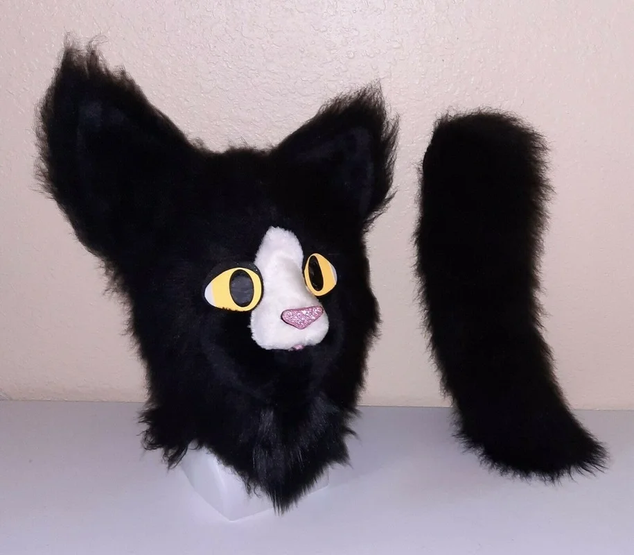 Black Plush Cat Fursuit Partial Animal Costume Kitty Mascot Head and Tail