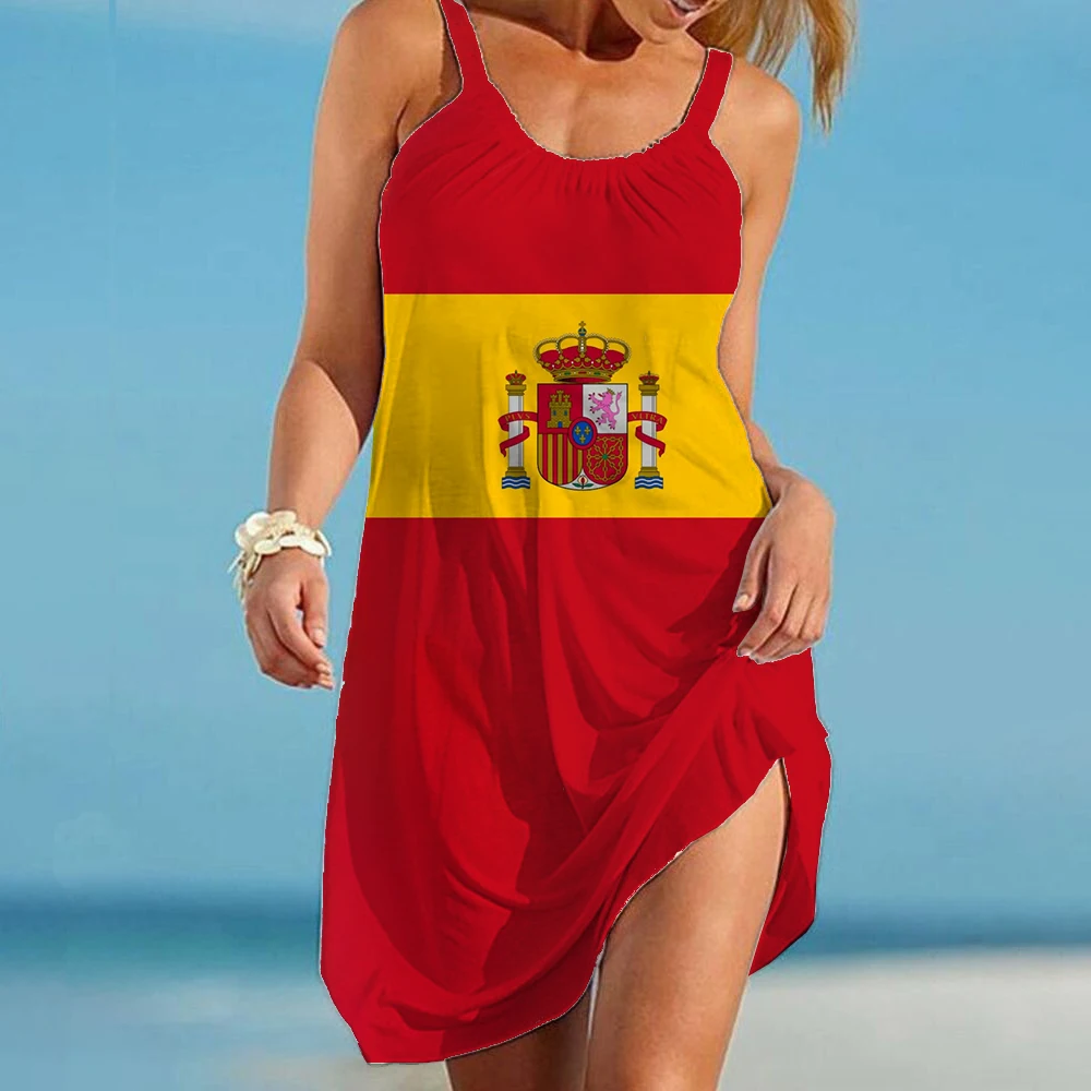 Spain Flag Dress Women's Spain Emblem 3d Print Women's Dress Oversized Beach Dress Fashion Loose Dress Women