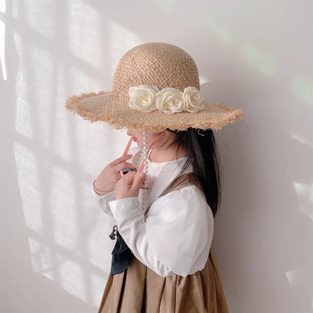 2023 New Girl Pearl Flower Suspender Straw Hat Girl Dome with Large Brim for Sun Protection and UV Protection enlarge