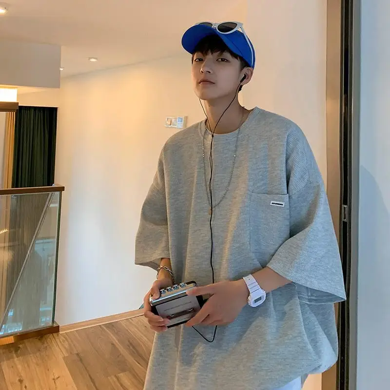 Men's Big Size Summer High Quality Waffle Check T-Shirt Shorts Suit SLacks Loose Leg Sportswear Home Wear Cotton Comfort Suit.