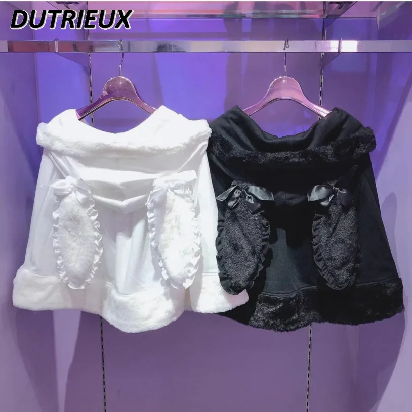

Spring Autumn Women's Coats Japanese Style Sweet Cool Casual Jacket Sweet Cute Fashion Furry Bow Terry All-Match Loose Coat