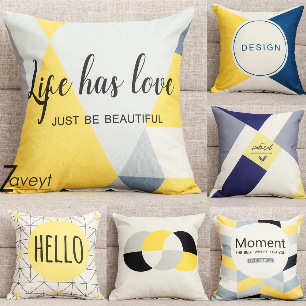 

45*45cm Nordic Intersected Grid Hello Life Have Love Letter Printing Pillow Cover Contrast Color Geometric Linen Pillow Case
