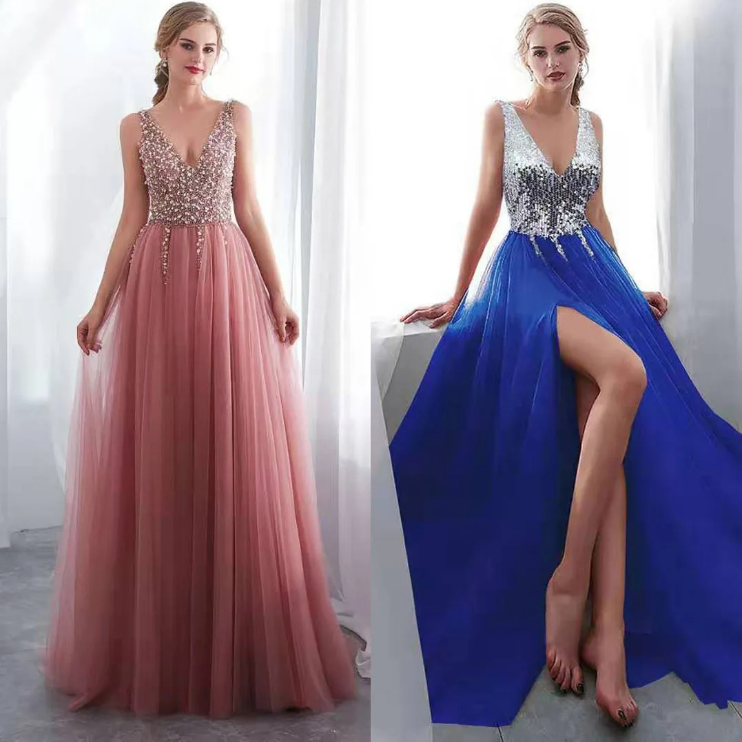 Sale Pink Embroidered Sequins Sexy Sleeveless Deep V Maxi High Slit Evening Wedding Cami Dresses For Women Party Guest Dress