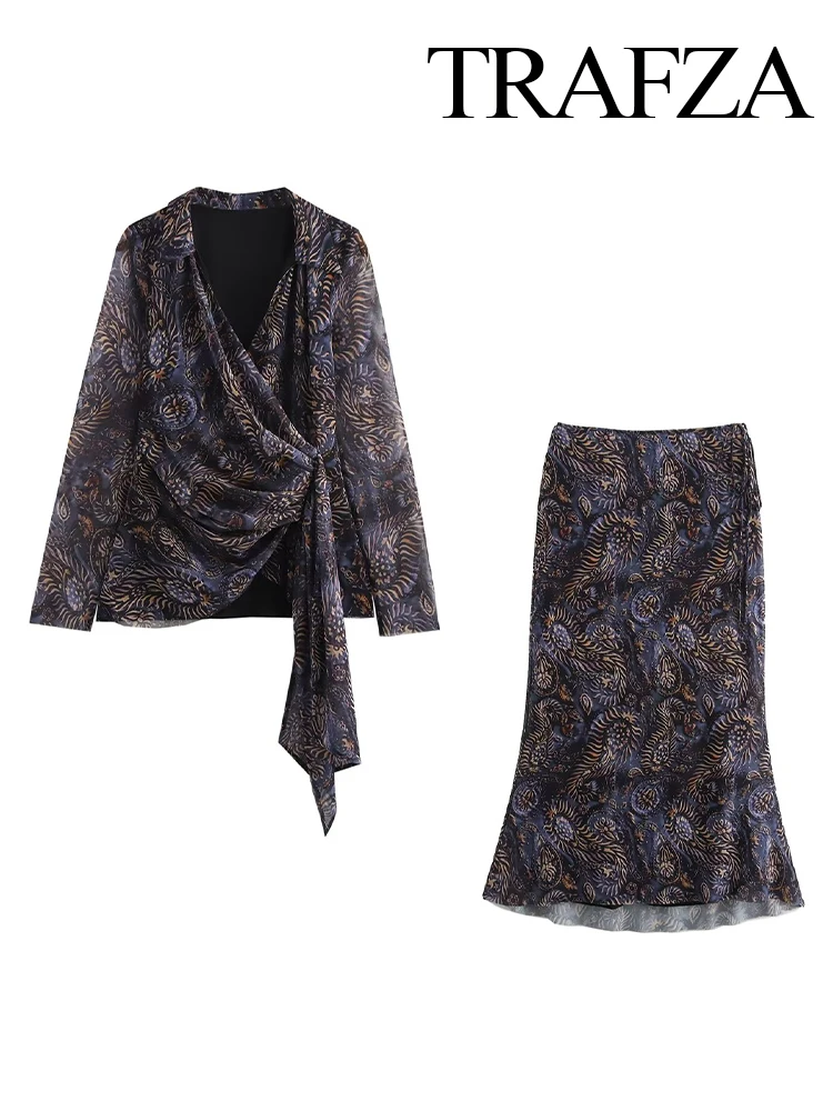 TRAFZA женская тюлевая юбка с принтом комплект из 2 предметов винтажная рубашка