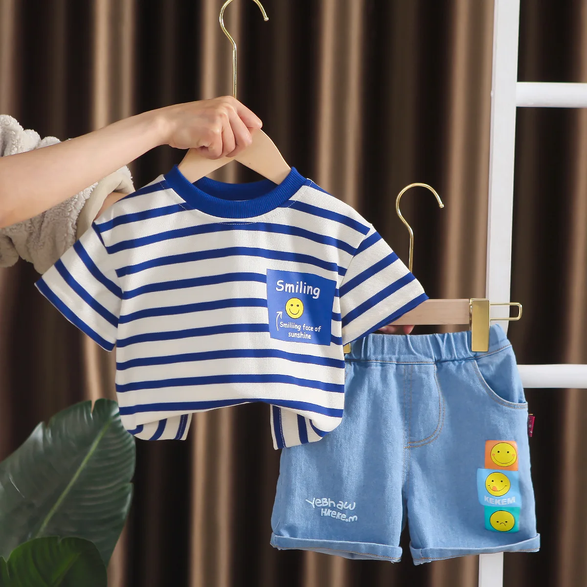 

2023 Summer Baby Boy Outfit Set 2 to 3 Years Cartoon Striped Short Sleeve T-shirts and Denim Shorts for Children Infant Clothes