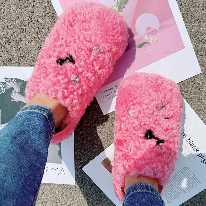 Creative Design Baotou Fur Slippers Solid Color Wool-fur Warm Fashion Slippers Winter Outdoor Ladies Fluffy Slippers
