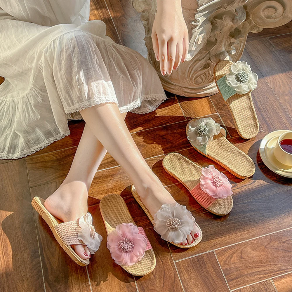 

2022 summer thick bottom home slippers soft bottom breathable cotton linen sandals and slippers flower linen slippers women