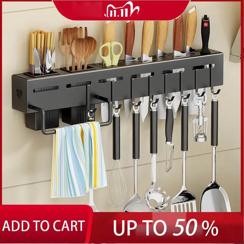 

Kitchen Rack Wall-Mounted Punch-Free Household Seasoning Supplies Cutting Board Chopsticks Knife Draining Storage Rack