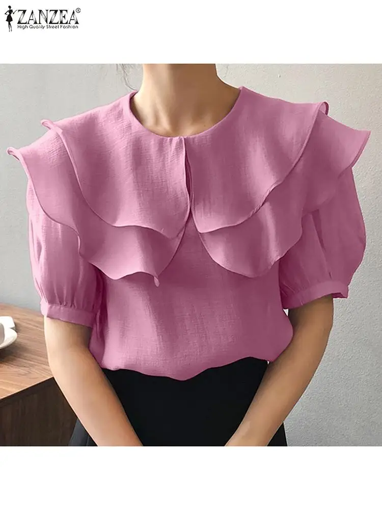 

ZANZEA 2022 Повседневная однотонная Офисная Женская блузка, элегантные летние женские топы, футболки, свободная блузка с коротким рукавом, больш...