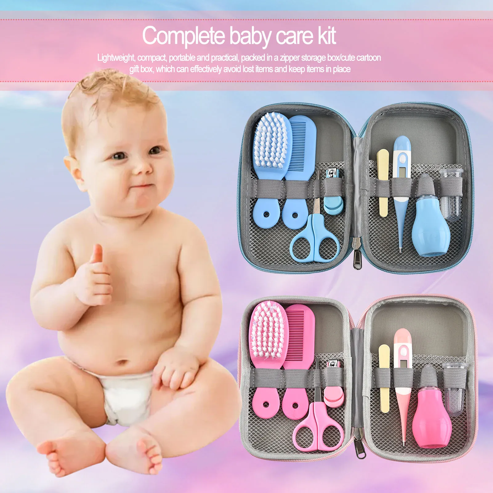 

Multi-Piece Baby Care Set Newborn Hair Trimmer Nail Thermometer Beauty Brush Set Scissors Soft Comb Teether Function 8pcs/Set
