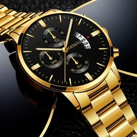 luxury stainless steel gold mens watch simple automatic calendar leather clock fashion trend quartz watch
