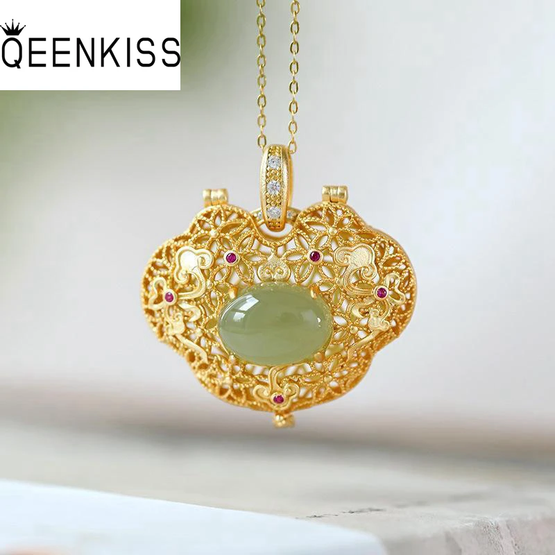 

QEENKISS NC5291 Fine Jewelry Wholesale Fashion Woman Girl Bride Mother Birthday Wedding Gift Hollow RUYI Jade 24KT Gold Necklace