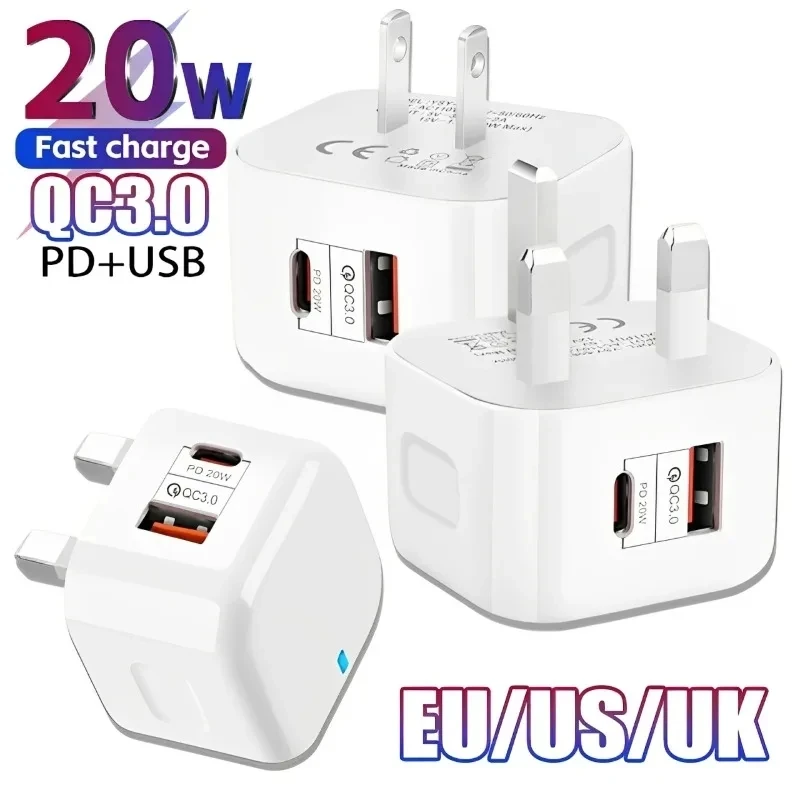 Фото Новый сетевой адаптер EU US UK 20W с двумя портами USB-C PD для быстрой зарядки iPhone 11 12 13 14 15 и Samsung №1