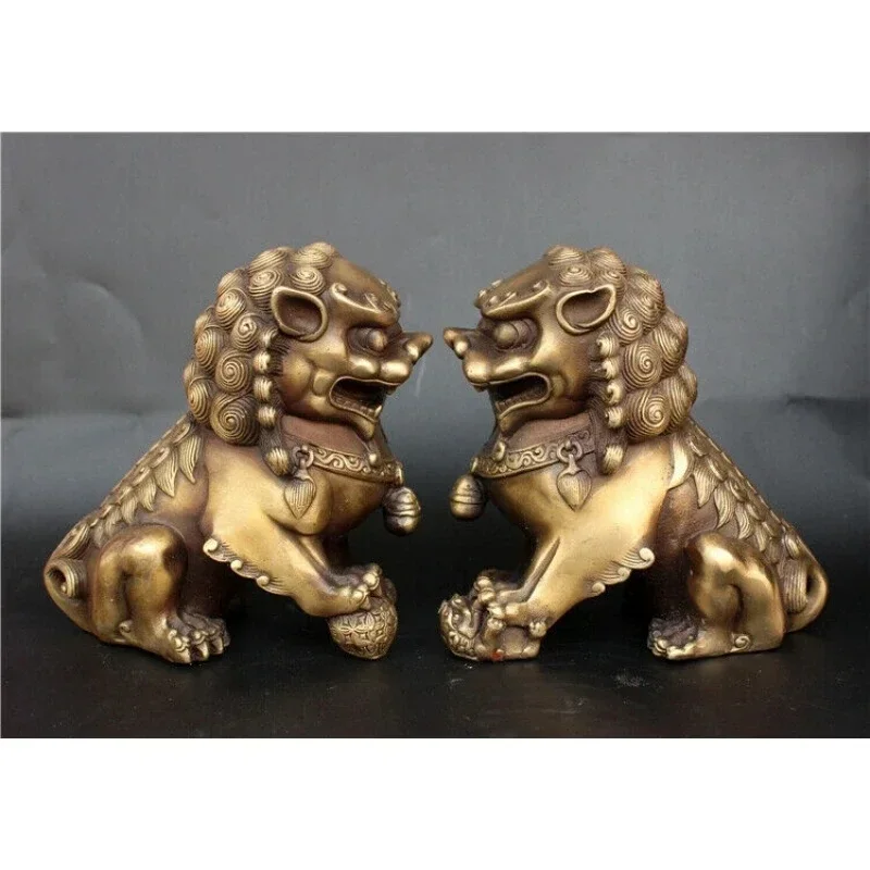 Фото Антикварная бронзовая статуя льва Fu Foo Dog, Китай, старые архаичные левы, пара 11 см №4