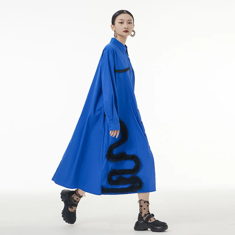 

SuperAen 2022 осеннее Новое корейское свободное кружевное платье-рубашка с длинными рукавами женское дизайнерское длинное платье трапециевидно...