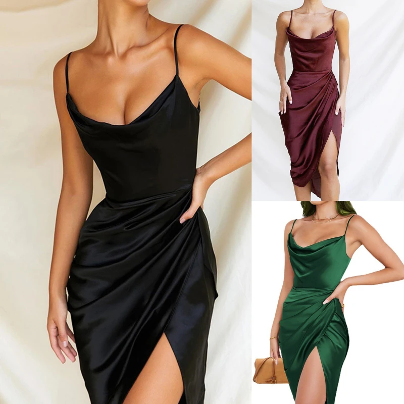 

2023 Fashion Satin Dress Split Adjustable Strap Ruched Cowl Neck Asymmetrical Zipper Party Dress Elegant Sexy Woman Dresses