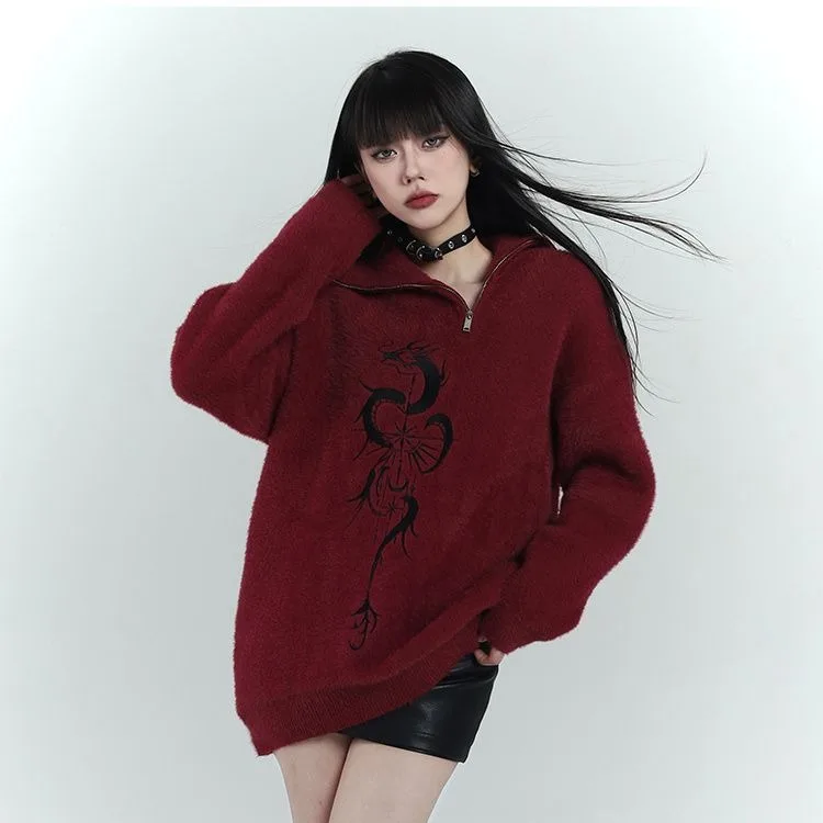 Женский свободный свитер на молнии красный Повседневный пуловер с винтажным