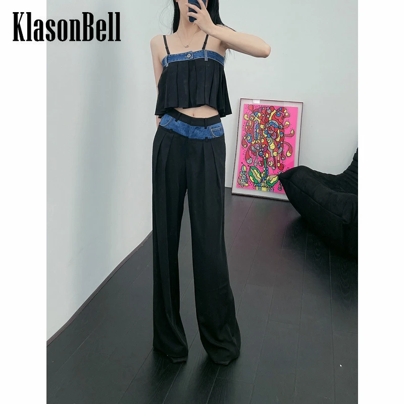 

6,20 KlasonBell модные Лоскутные джинсовые подтяжки короткий топ или плиссированные свободные брюки с широкими штанинами для женщин