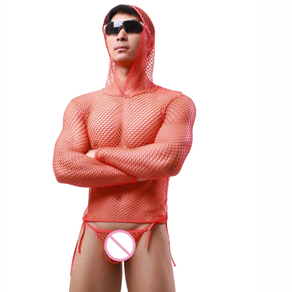 

Fishnet Sexy Mens Undershirts Mesh See Through Long Sleeve Top Bodysuits Gay Wrestling Singlets Briefs Underwear Men Clothes Set