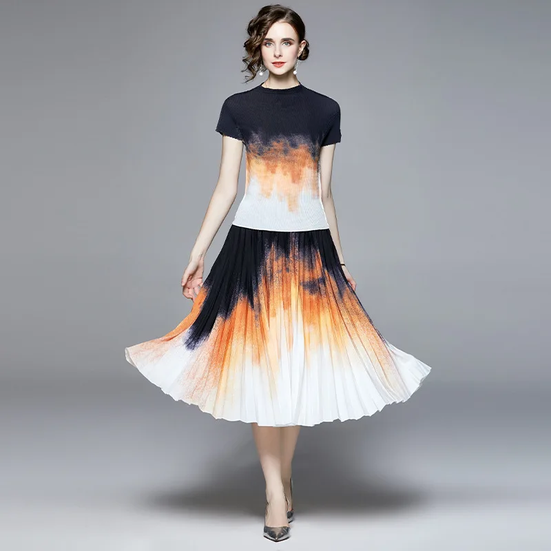 

Miyake Pleated Suit Women 2022 Summer Gradient Color Printed Loose Top Women's High Waist Two-Piece Overskirt Suit Skirt Sets