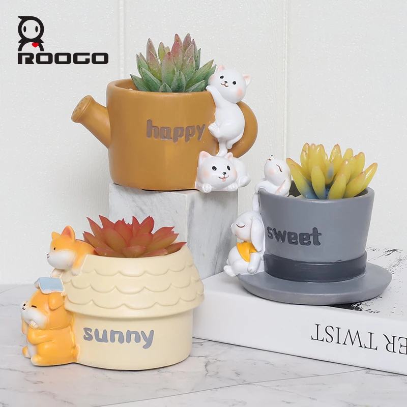 

Roogo Cute Cartoon Flower Pots Cat Corgi Goose Rabbit Resin Succulent Plant Pot Garden Plant Container Outdoor Home Desk Decor