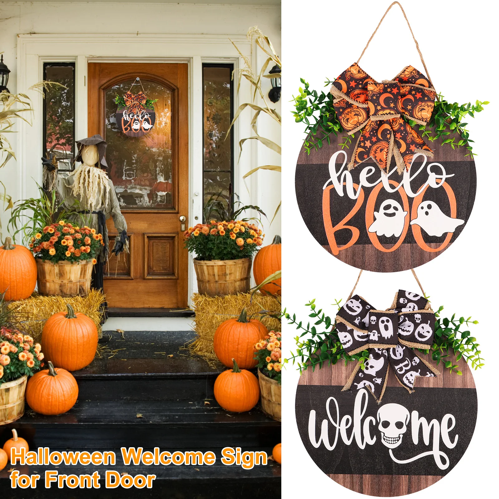 

New 11.8 inch Halloween Welcome Sign Cute Hanging Welcome Front Door Sign Halloween Wood Bowknot Welcome Sign Creative White