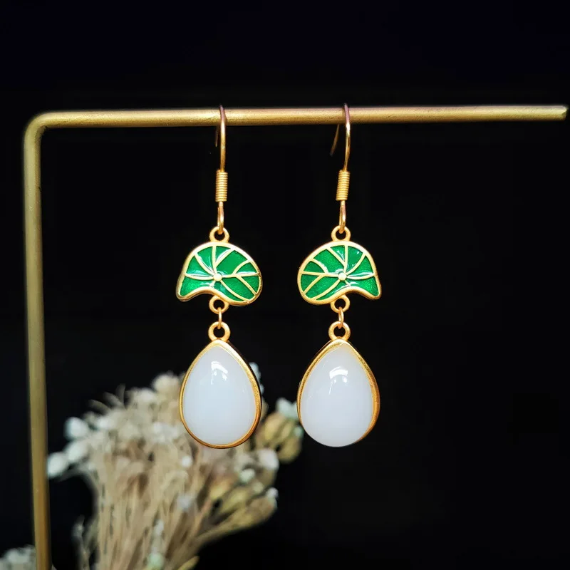 

Antique Design Lotus Cheongsam Match Water Drop White Chalcedony Eardrops Imitation Hetian Jade Elegant High-Grade Long Tassel