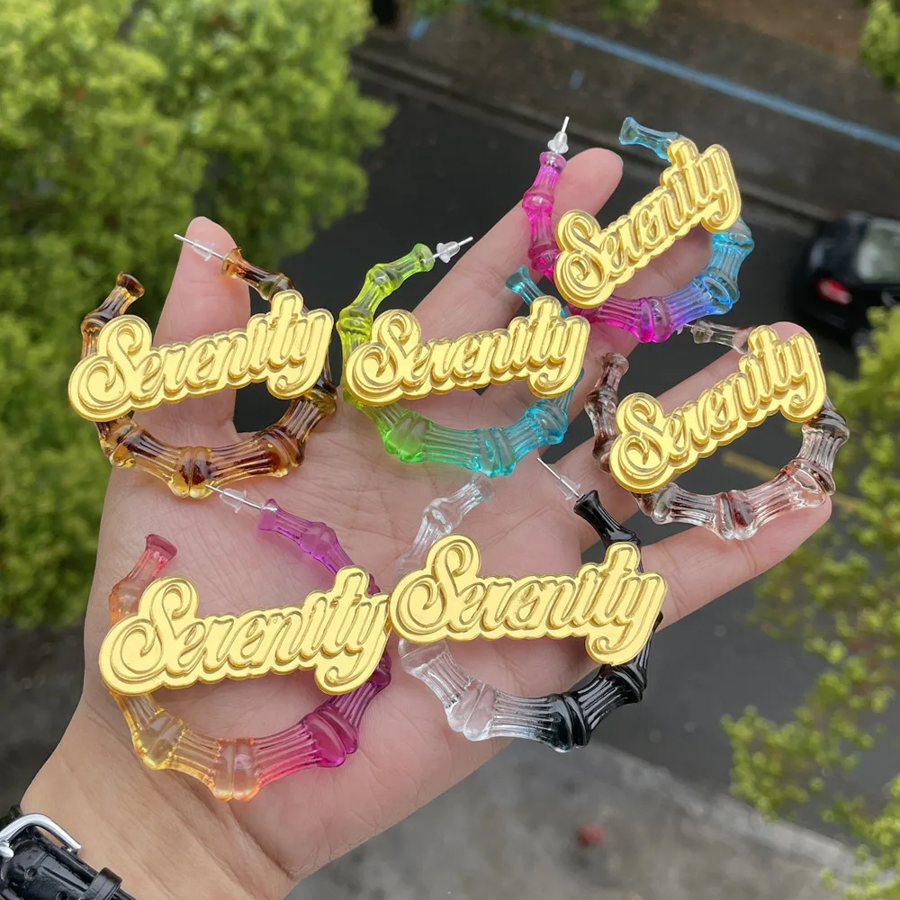 3UMeter Colorful Gradient Custom Name Hoop Earrings Women Acrylic Personalized Nameplate Holiday Seaside Earrings Gift