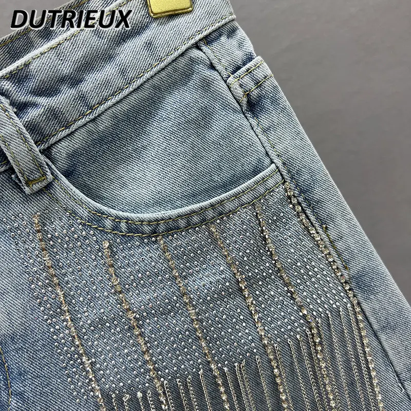 Women's Denim Shorts Fashionable 2023 New High Waist Slimming Diamond-Embedded Ripped Shorts Wide Leg Pants Fashion Hot Pants