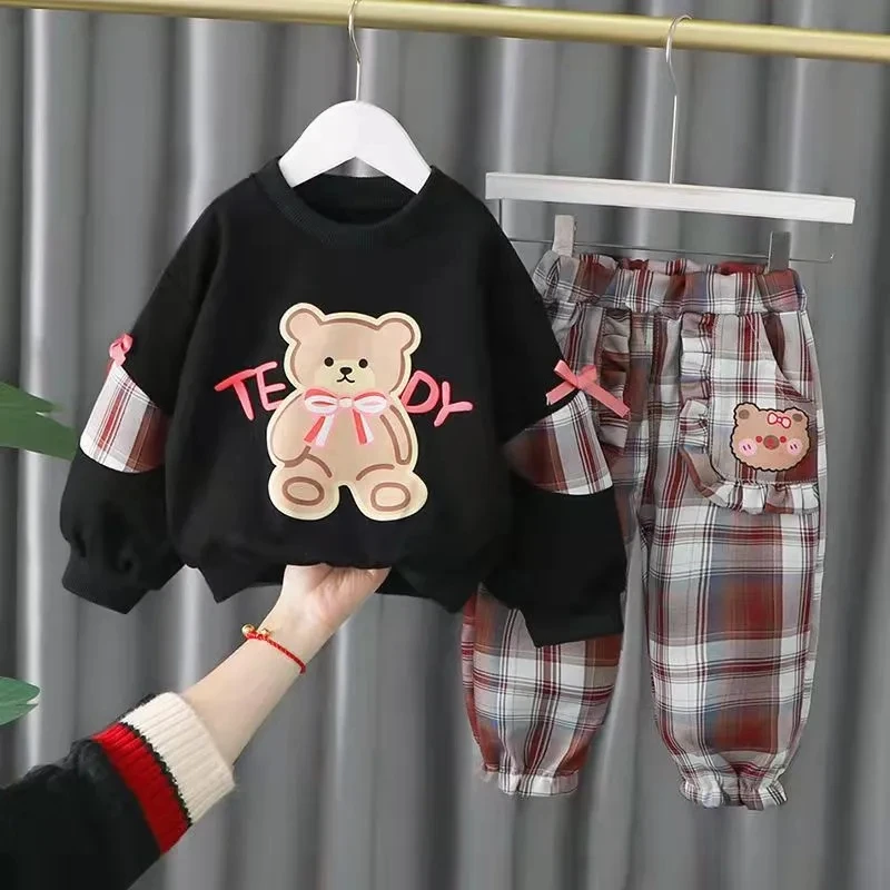 

Spring Autumn Kids Girls Clothes Long Sleeve Cartoon Bear Sweatshirt+Plaid Print Pants Infant Baby Casual Clothing Outfit