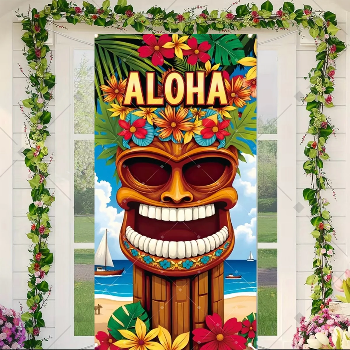 Фото Тропический декор Aloha: Флаг-панно для двери, гавайская пальма, фламинго, пляжная тематика, украшение для дня рождения, плакат для фотозоны №3