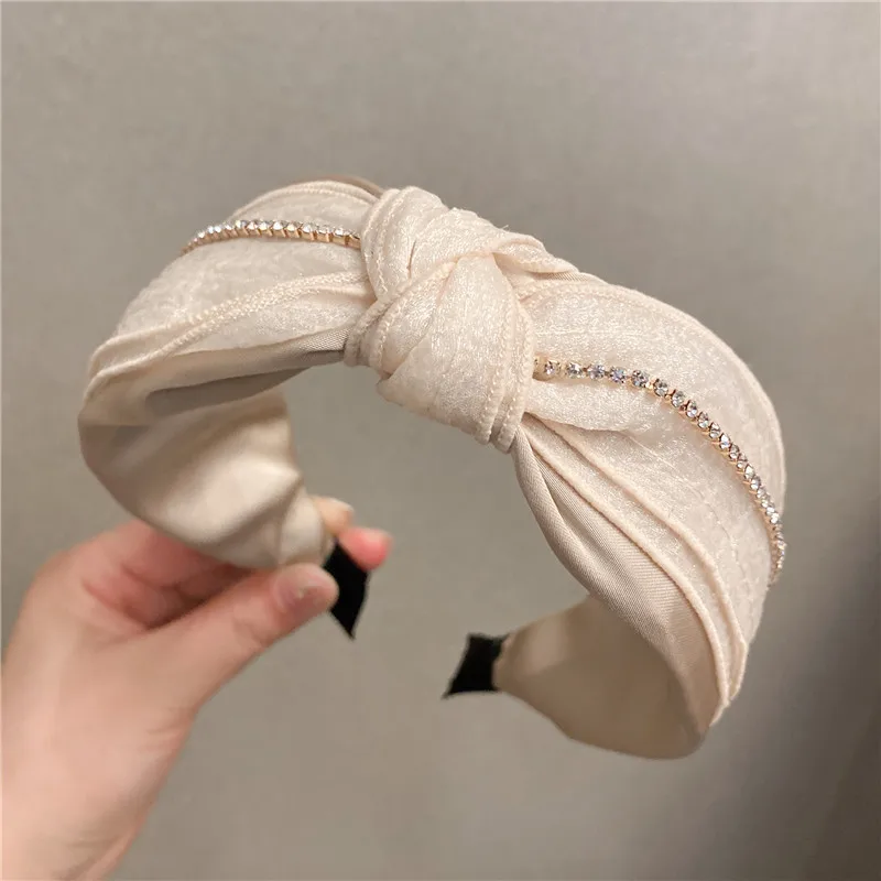 

Beige Color Mesh Headband with Rhinestones Chain Decorated Wedding Hair Accessories Big Bow Knotted Hairband Solid Wide Turban