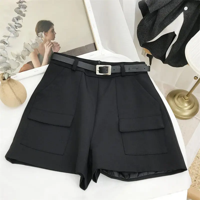 Texture High Waist Suit Womens Shorts Summer Thin Style Wide Leg Shorts Show Thin Casual Temperament Black Small Trousers Women