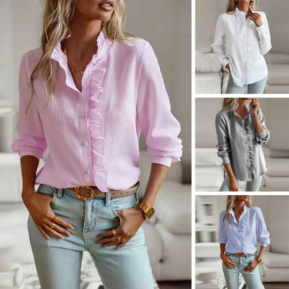 

Ruffle Shirt Chic Lapel Collar Ruffle Patchwork Blouse Elegant Mid-length Buttoned Top for Women's Fall Spring Wardrobe Solid