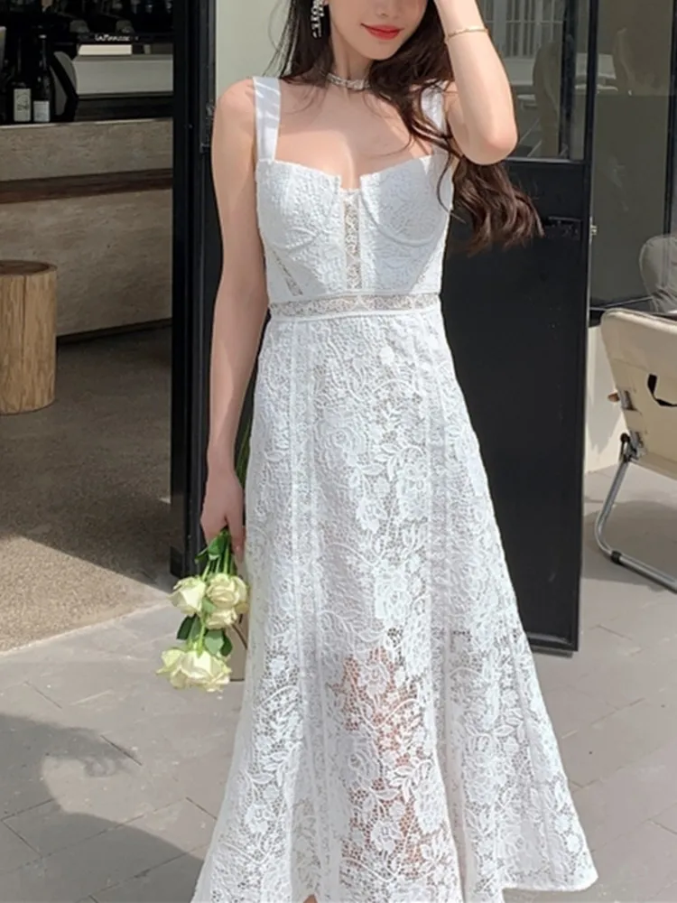 

Women White Lace Long Dress Sexy Off-shoulder Slim Backless Temperament Summer 2023 Female Sling Robes