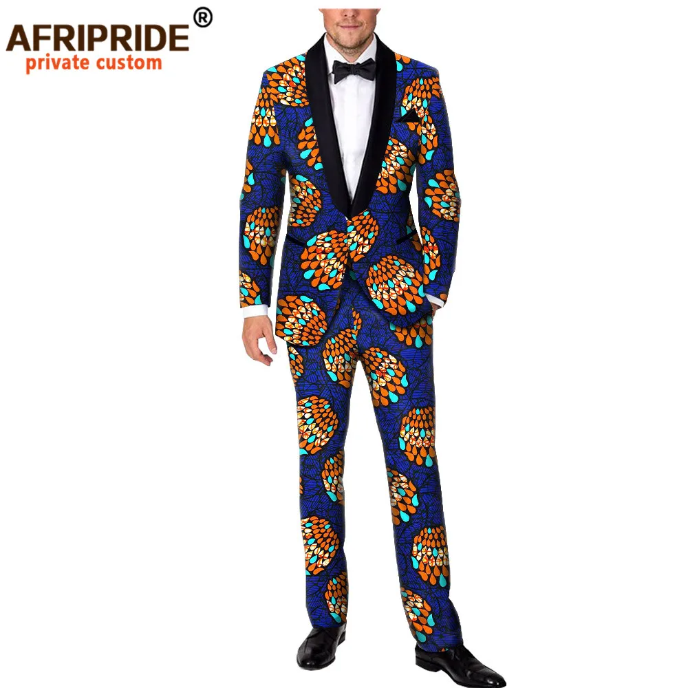 2020 Men`s Suit Slim Fit Ankara Print Jacket and Pants Set Party Wedding Dashiki Men African Clothing Set AFRIPRIDE A1916059