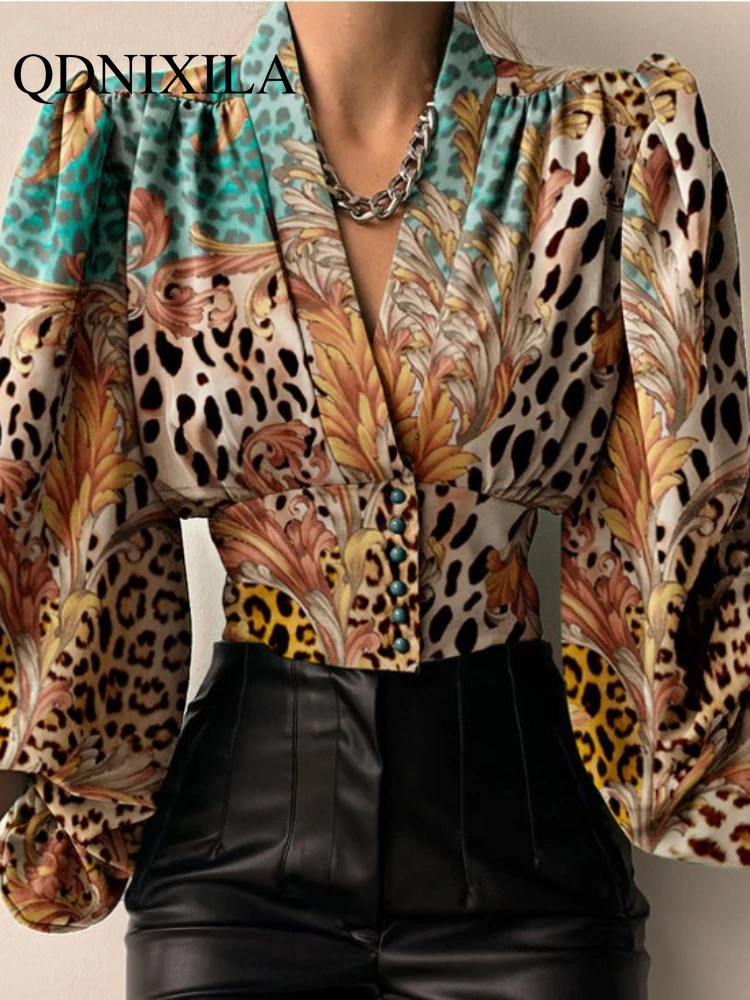 Женская рубашка с V-образным вырезом длинным рукавом-фонариком |