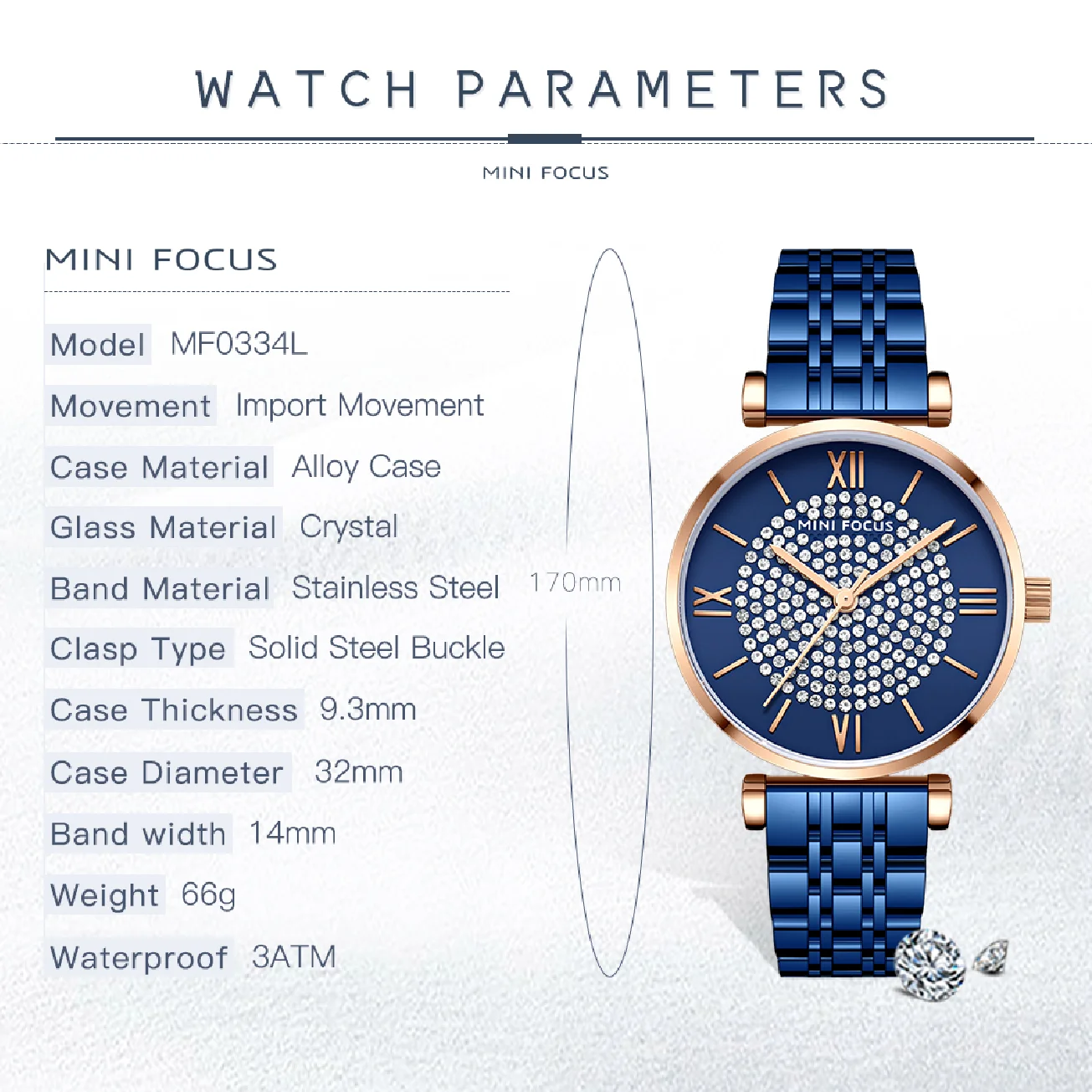 MINI FOCUS Ladies Blue Wristwatch Women Rhinestone Full Diamond Watches Top Luxury Brand Waterproof Quartz Female Clock enlarge
